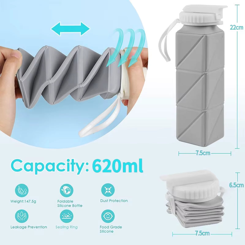 Collapsible Water Bottle – 620ml Straw Lid Leakproof – Camping – TSR