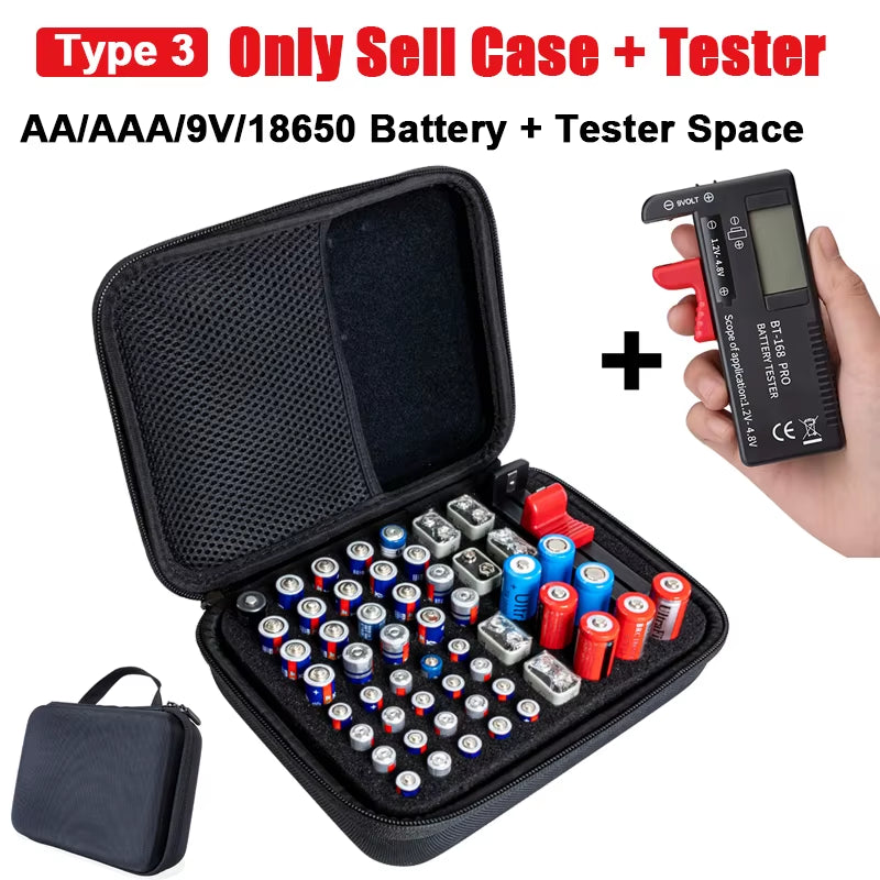 Battery Storage Case – AA/AAA/9V Organizer – Tester Included – TSR