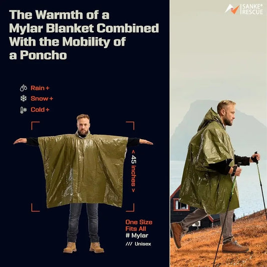 Emergency Thermal Poncho – Waterproof Aluminum Raincoat – Blackout Survival Blanket – TSR