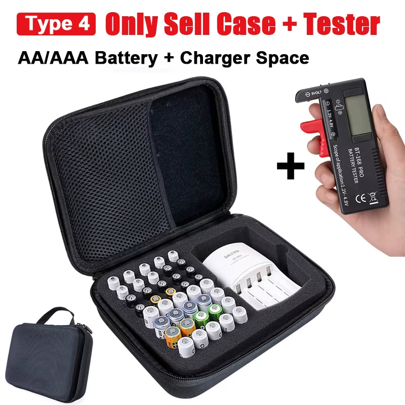 Battery Storage Case – AA/AAA/9V Organizer – Tester Included – TSR